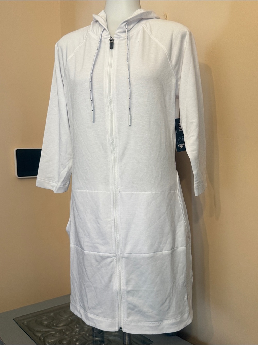 Speedo Small White Hooded Swim Zip Cover-Up UPF 50+